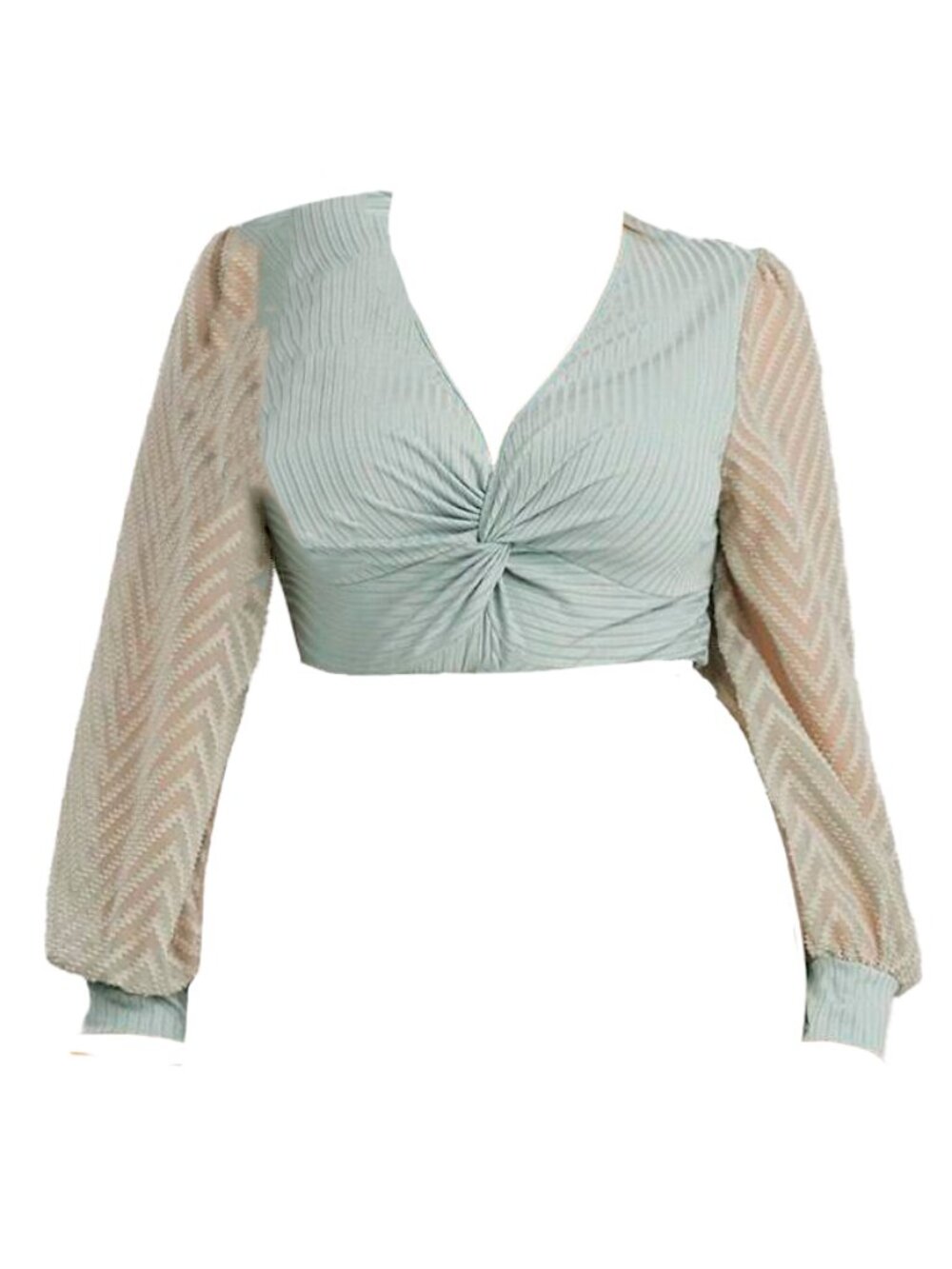 Ribbed Twist-Front Top with Chevron-Patterned Mesh Sleeves